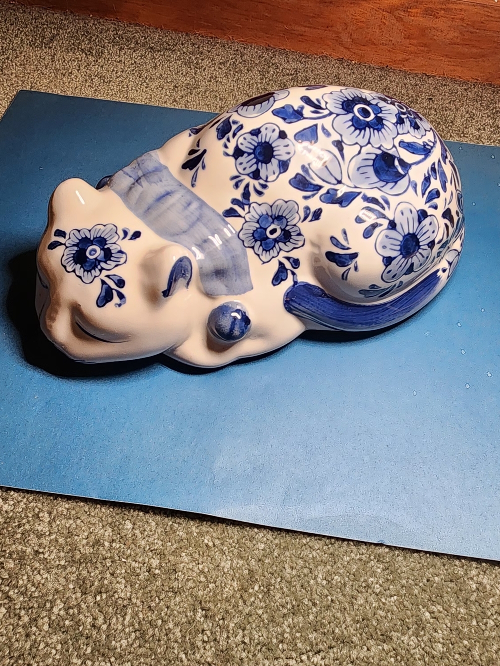 Blue and White Floral Ceramic Cat Figurine - Home Art - Chinoiserie Style